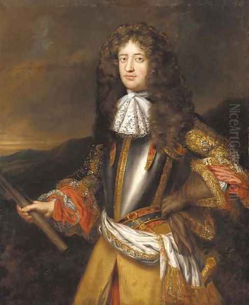 Portrait of Lord George Douglas, subsquently Earl of Dumbarton (1636 ()-1692), half-length, in a breastplate with an embroidered coat Oil Painting by Henri Gascars