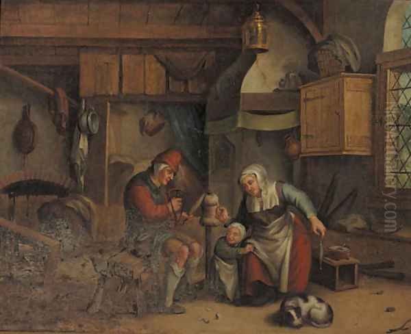 An old couple spinning wool in an interior, a child nearby Oil Painting by Jan-Anton Garemyn