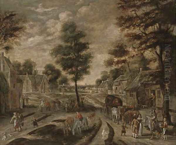 A village street with peasants and travellers Oil Painting by Pieter Gysels