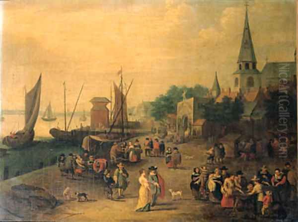 A fishmonger on a quay outside a city gate Oil Painting by Pieter Gysels