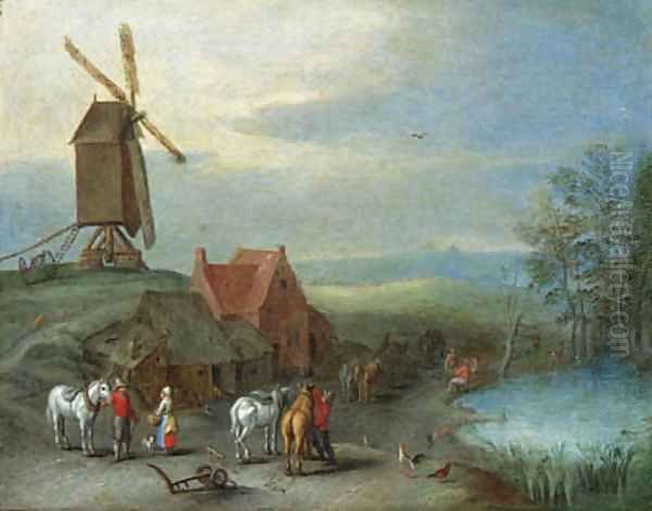 A landscape with a windmill and peasants and horses by a pool Oil Painting by Pieter Gysels