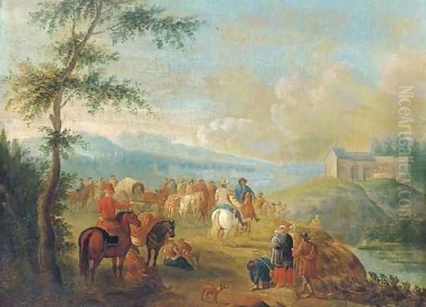 A landscape with travellers at halt by a river Oil Painting by Pieter Gysels