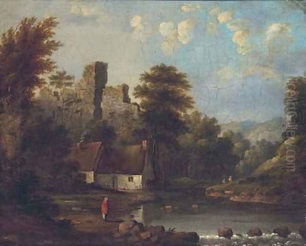 Figures by a riverside cottage, a castle ruin beyond Oil Painting by Robert Gibb