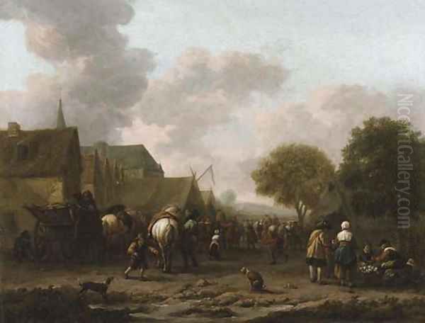 A village landscape with travellers on the street by a vegetable seller Oil Painting by Barent Gael