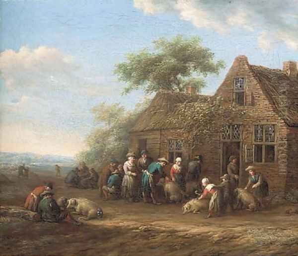 Peasants outside an inn preparing pigs for market Oil Painting by Barent Gael