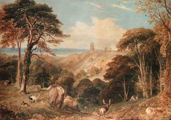 Cook's Folly, near Bristol, with deer in the foreground Oil Painting by Henry G. Gastineau