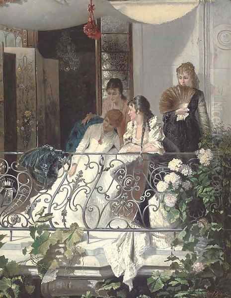 Elegant company on a balcony Oil Painting by Josef Gisela