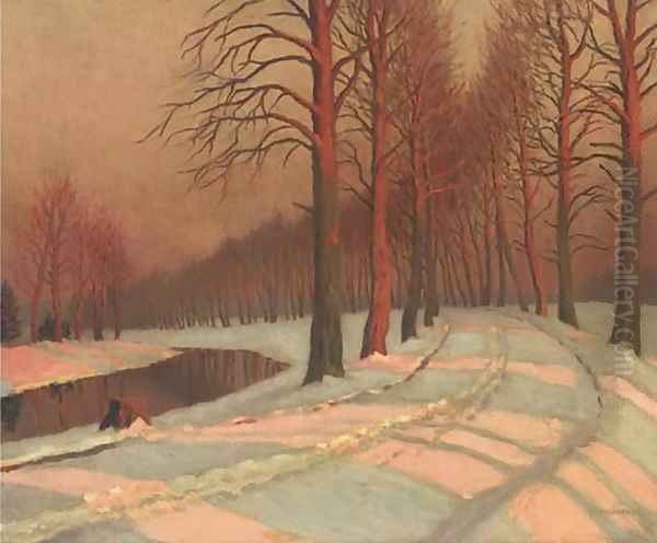 A riverside track in the snow Oil Painting by Mikhail Markianovich Germanshev