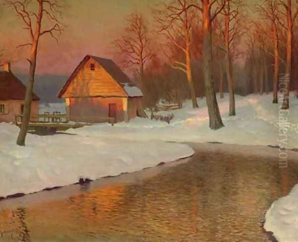 Winter Landscape with Cottage Oil Painting by Mikhail Markianovich Germanshev