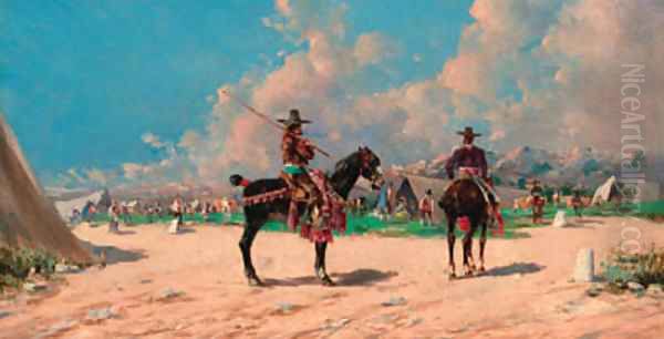 Spanish horsemen by an encampment Oil Painting by Baldomer Galofre Gimenez