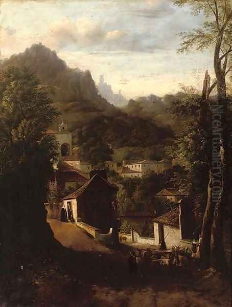 An Italianate hillside town at dusk Oil Painting by Marco Gozzi