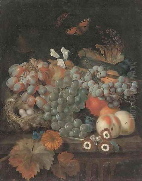 Grapes on the vine, peaches Oil Painting by Jan Baptist Govaerts