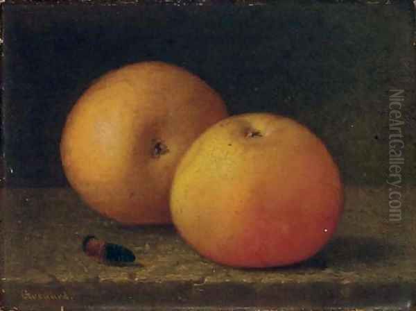 Two Apples and a Caterpillar Oil Painting by John E. Grouard