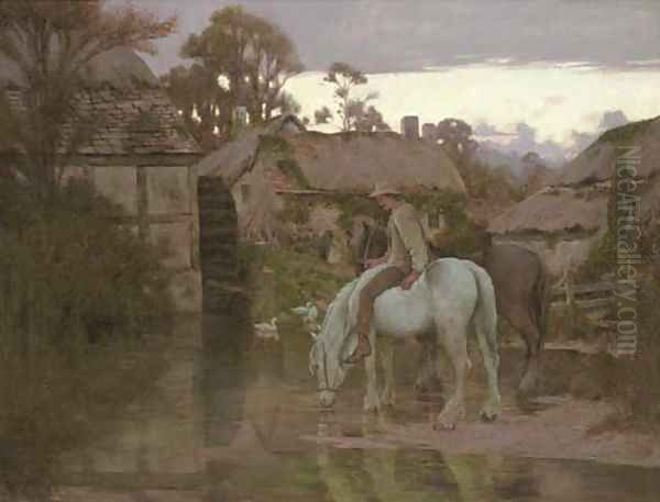 Watering at the old mill pond Oil Painting by Major Godfrey Douglas Giles