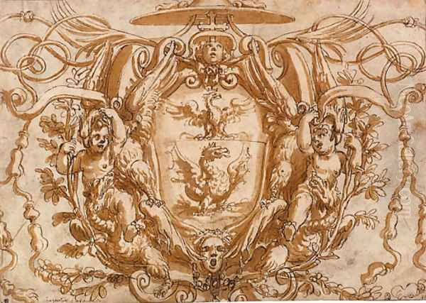 The arms of a Borghese Cardinal, in a cartouche flanked by putti Oil Painting by Oliviero Gatti