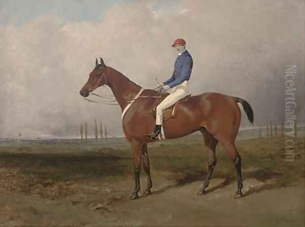 A bay steeple-chaser, with jockey up, the course beyond Oil Painting by Thomas Goode