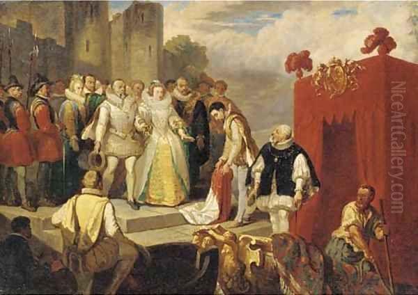 Sir Walter Raleigh laying down his cloak before Queen Elizabeth I Oil Painting by Sir John Gilbert