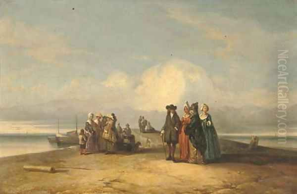 An elegant company at the seaside Oil Painting by Jacques Van Gingelen