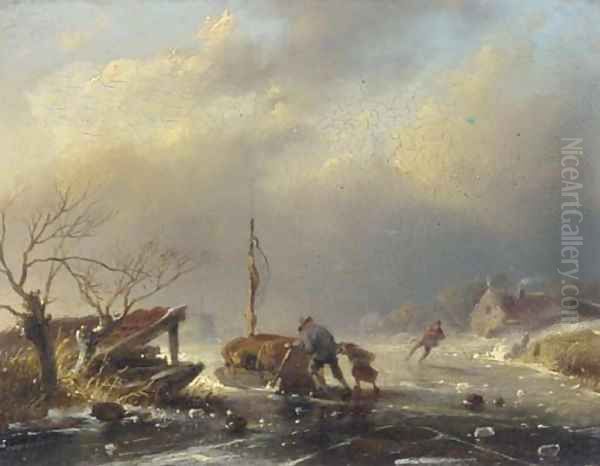 Peasants pushing a sledge on a frozen river Oil Painting by Jan David Geerling Grootveld