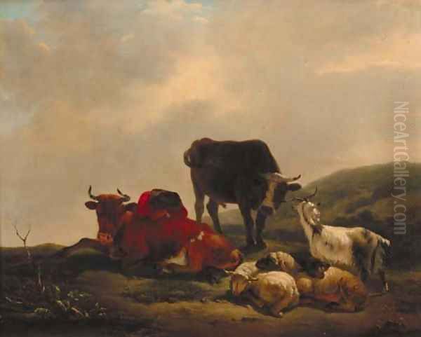 A landscape with a herdsman resting amongst cattle and sheep Oil Painting by Jean Francois Le Gillon