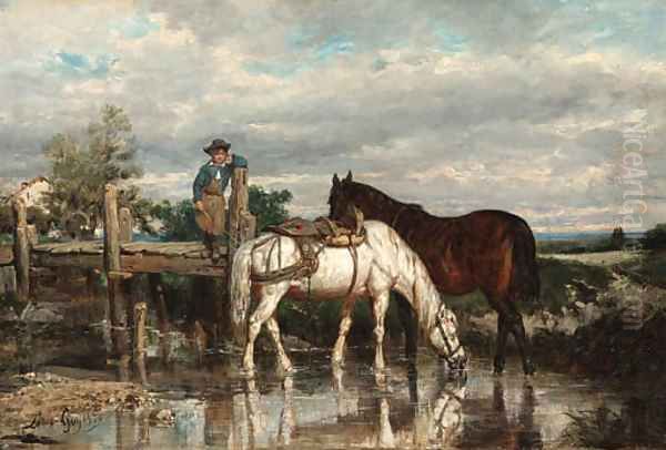 Horses watering at a stream Oil Painting by Jean-Baptiste-Louis Guy