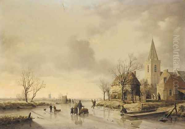 Skaters in a Dutch landscape Oil Painting by Joseph De Groot