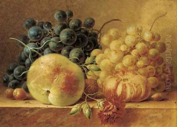 Grapes, a peach, a tomato, a carnation and nuts on a marble ledge Oil Painting by Maria Gertrude Goeje-Barbiers