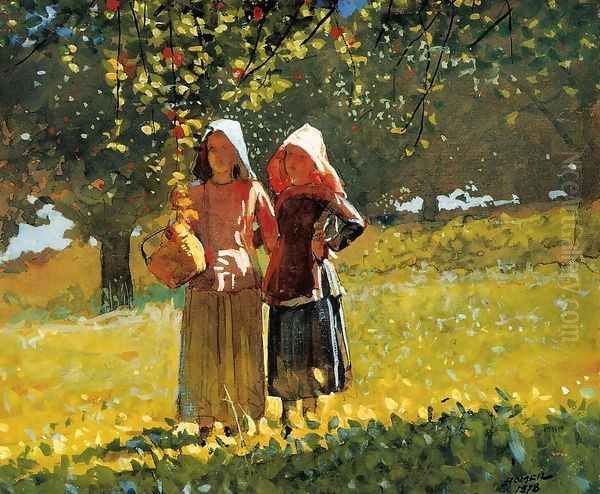 Apple Picking (or Two Girls in sunbonnets or in the Orchard) Oil Painting by Winslow Homer