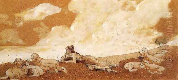 Girl and Sheep Oil Painting by Winslow Homer