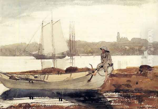 Gloucester Harbor and Dory Oil Painting by Winslow Homer