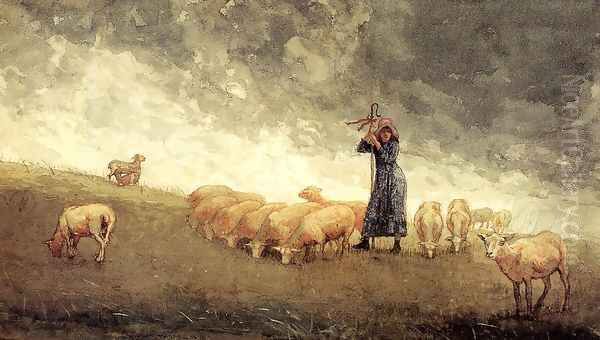 Shepherdess Tending Sheep Oil Painting by Winslow Homer