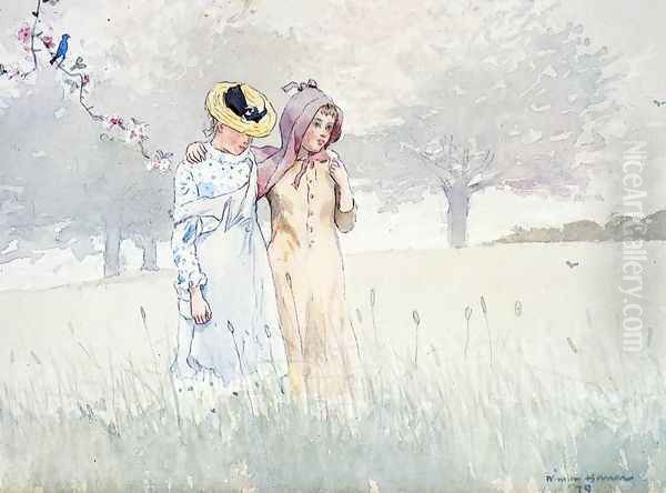 Girls Strolling in an Orchard Oil Painting by Winslow Homer