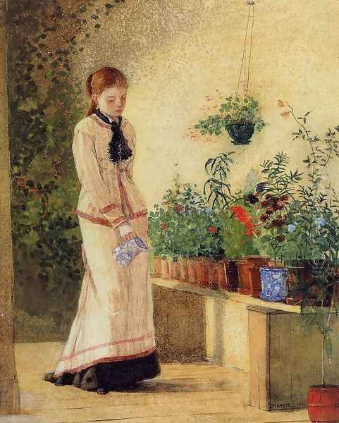 Girl Watering Plants Oil Painting by Winslow Homer