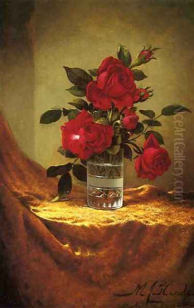 A Glass Of Roses On Gold Cloth Oil Painting by Martin Johnson Heade