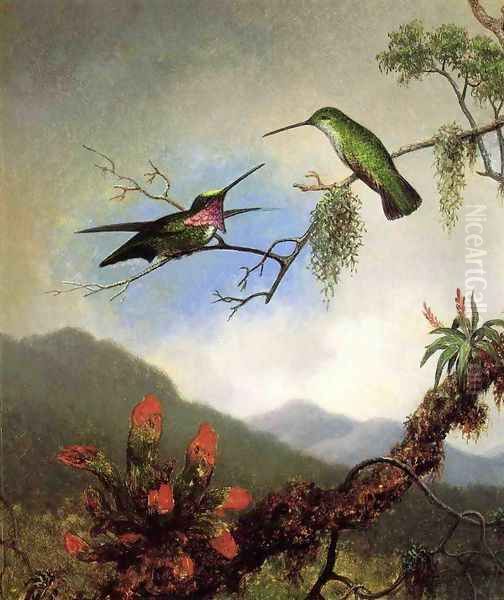 Amethyst Hummingbirds And Red Flowers Oil Painting by Martin Johnson Heade