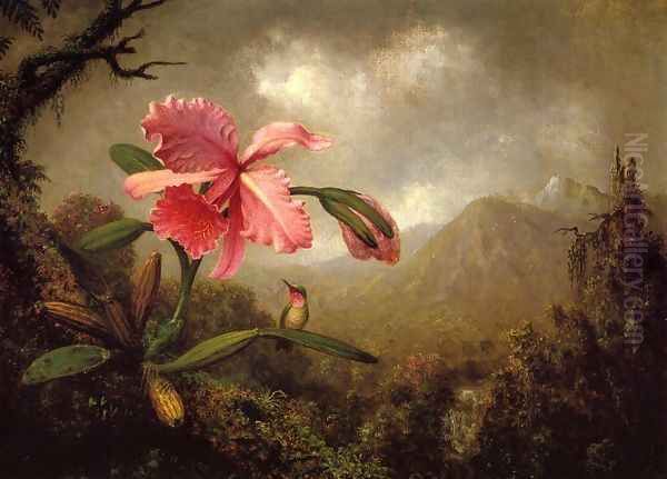 Orchid And Hummingbird Near A Mountain Waterfall Oil Painting by Martin Johnson Heade