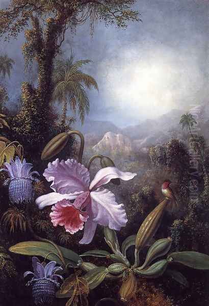 Orchids Passion Flowers And Hummingbird Oil Painting by Martin Johnson Heade