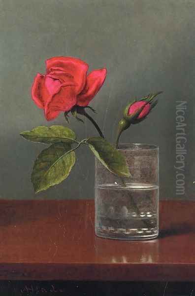 Red Rose And Bud In A Tumbler On A Shiny Table Oil Painting by Martin Johnson Heade