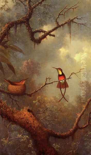 Cromson Topaz Hummingbirds Nesting In A Tropical Forest Oil Painting by Martin Johnson Heade