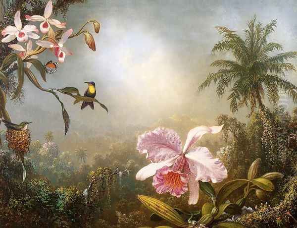 Orchids Nesting Hummingbirds And A Butterfly Oil Painting by Martin Johnson Heade