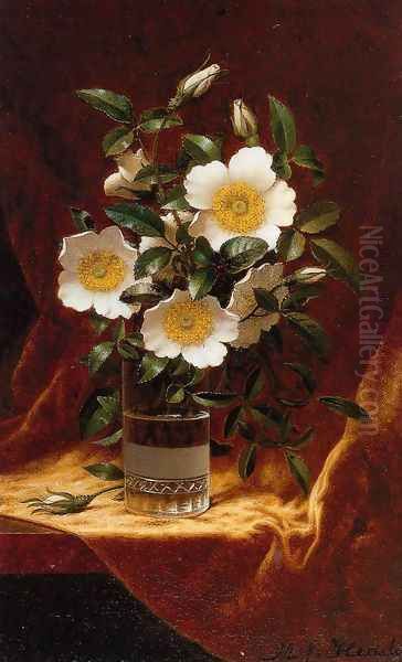 Cherokee Roses In A Glass Oil Painting by Martin Johnson Heade