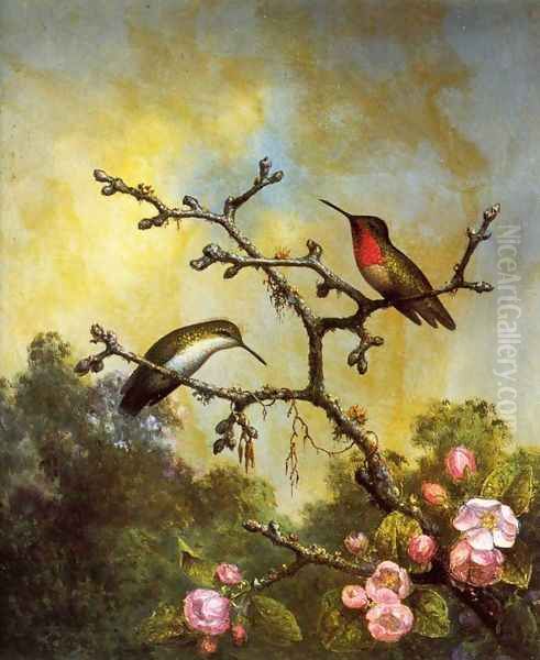 Ruby Throated Hummingbirds With Apple Blossoms Oil Painting by Martin Johnson Heade