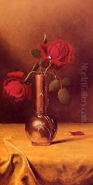 Two Red Roses In A Bronze Vase Oil Painting by Martin Johnson Heade