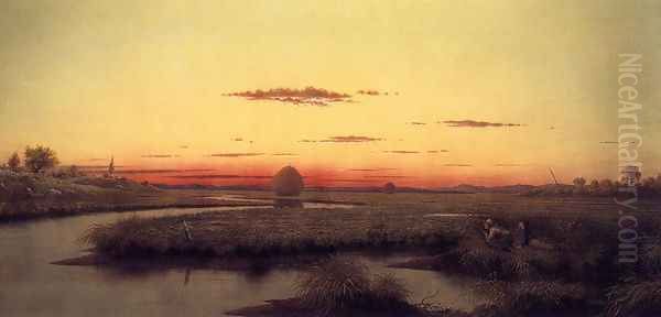 Duck Hunters In A Twilight Marsh Oil Painting by Martin Johnson Heade