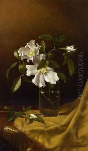 Cherokee Roses In A Glass On Gold Velvet Plush Oil Painting by Martin Johnson Heade