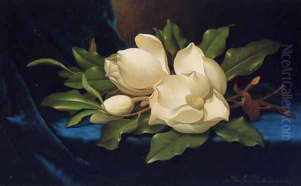 Giant Magnolias On A Blue Velvet Cloth Oil Painting by Martin Johnson Heade