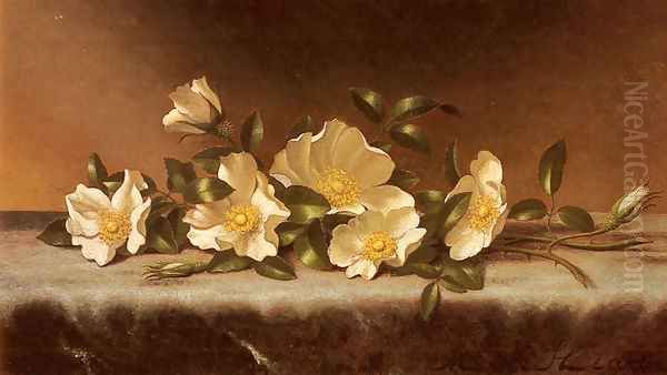 Cherokee Roses On A Light Gray Cloth Oil Painting by Martin Johnson Heade