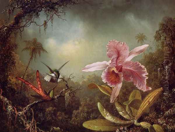 Orchid With Two Hummingbirds Oil Painting by Martin Johnson Heade