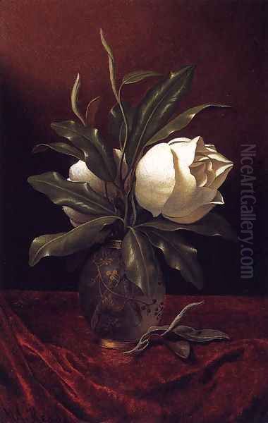 Two Magnolia Blossoms In A Glass Vase Oil Painting by Martin Johnson Heade