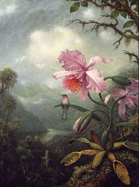 Hummingbird Perched On An Orchid Plant Oil Painting by Martin Johnson Heade